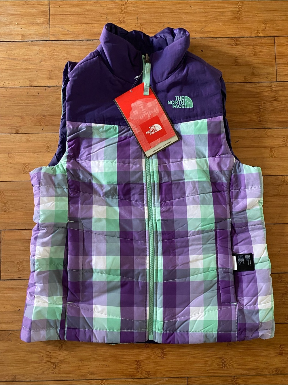 NWT The North Face Girls' Purple & Mint Plaid Insulated Vest Sz 10/12 Reversibl